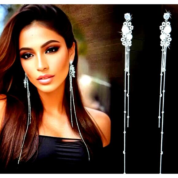 Long Tassel Elegant Silver Dangle Fashion Earrings 11" - Picture 2 of 10